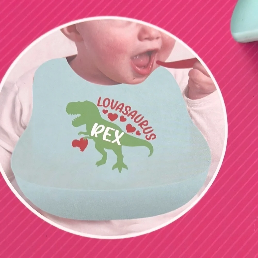 Valentine T Rex Green lovasaurus Bib Silicone 6mth+